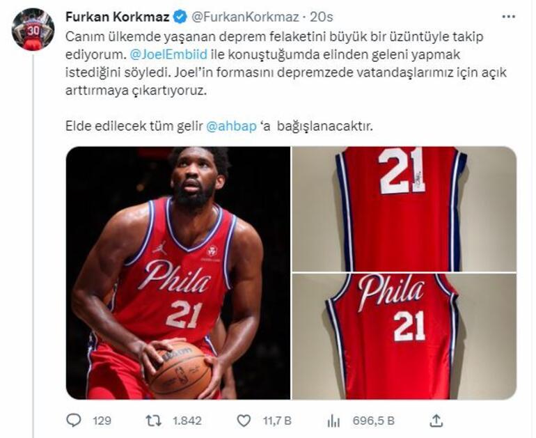 Furkan Korkmazdan kampanya NBA yıldızları James Harden ve Joel Embiidden depremzedelere destek